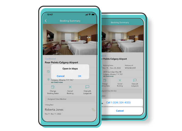 A screenshot of a booking summary with options to see in maps or call for assistance