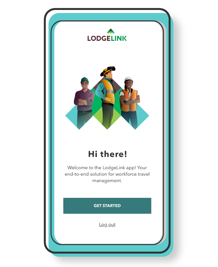 A phone displaying LodgeLinks mobile app intro