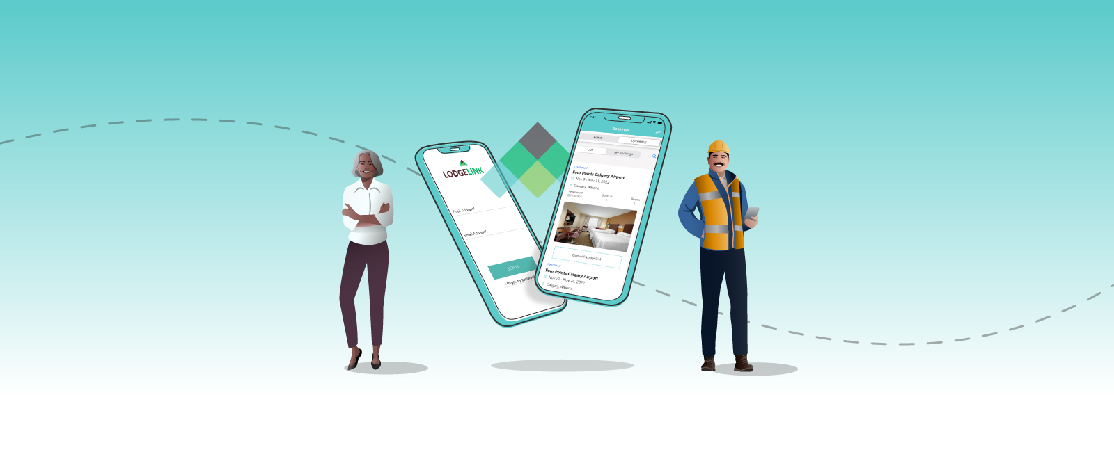 Two people standing next to cellphones showing LodgeLinks mobile app 