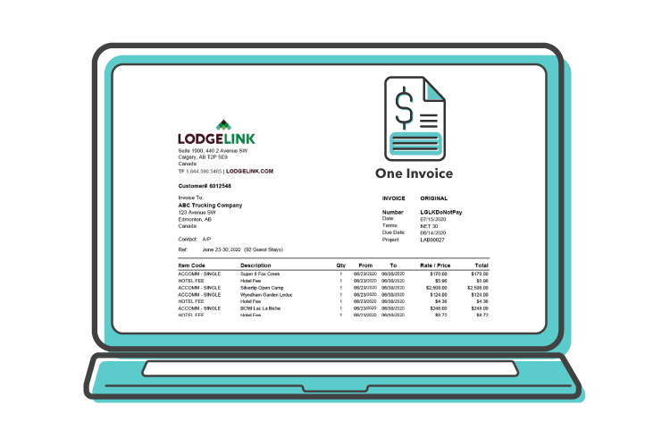 A computer with a screen showing a one invoice document 