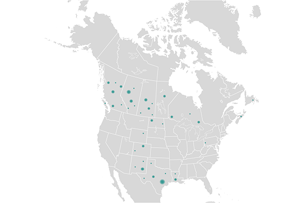 A map of North America with blue dots representing LodgeLink properties