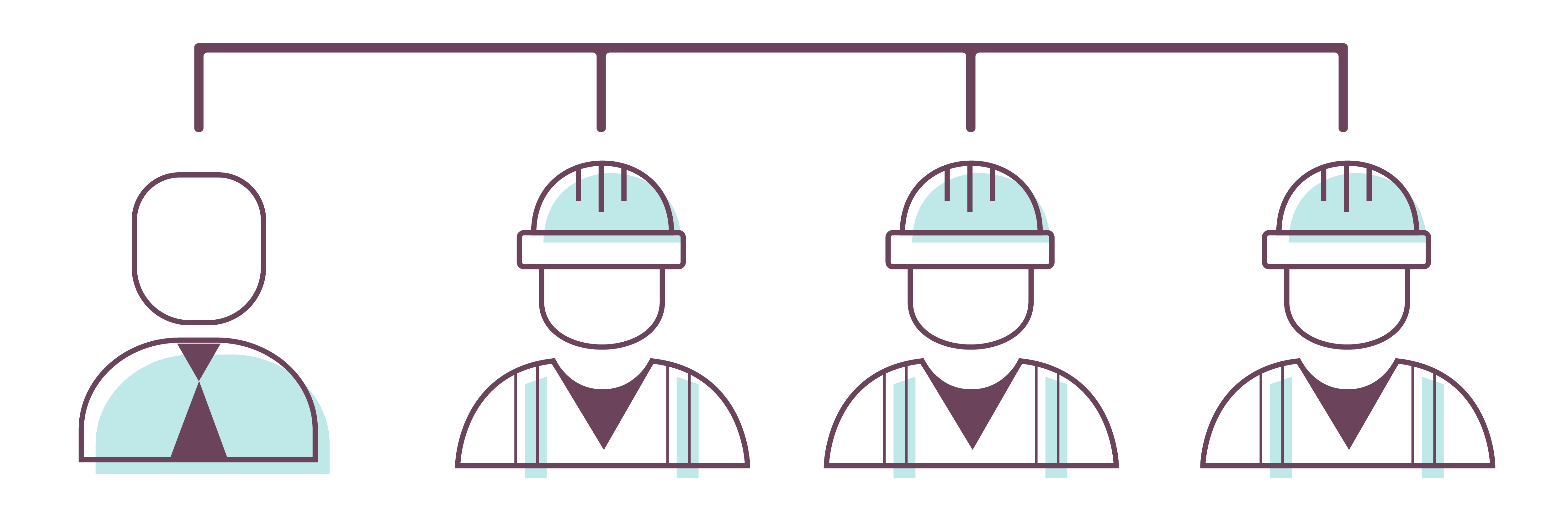 A group of people wearing hard hats and one in a tie connected