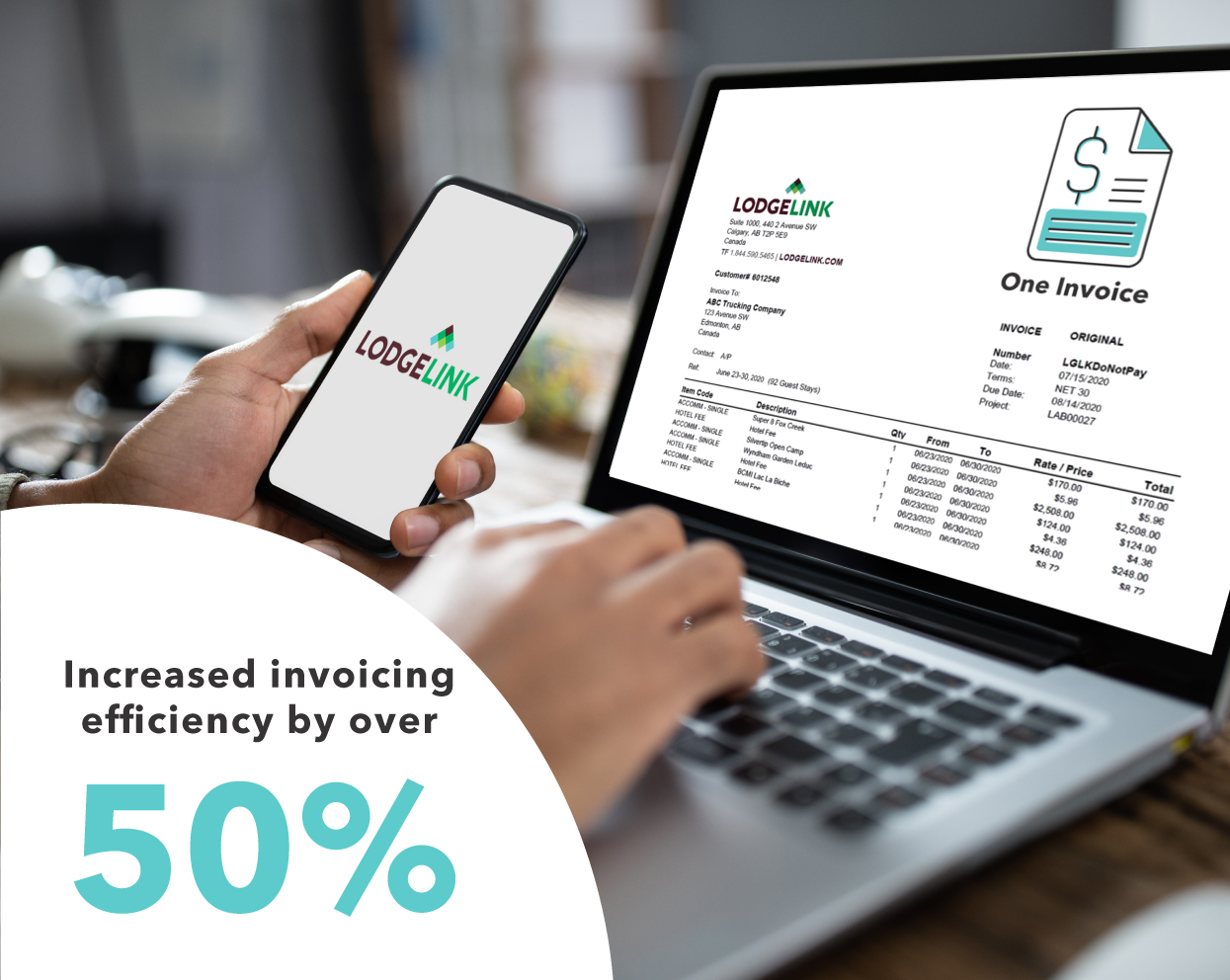 A person using a computer and a phone with a computer screen showing a LodgeLink one invoice document