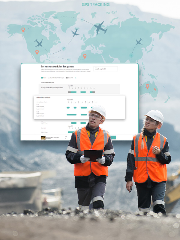 Two people wearing safety vests and helmets in front of LodgeLink's room schedule page. 