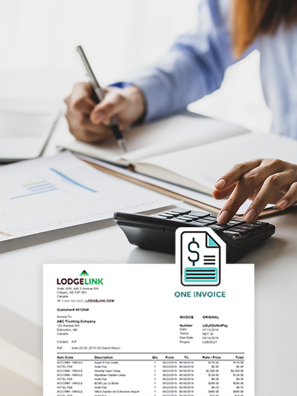 A person using a calculator with a screenshot of LodgeLink's one invoice page. 