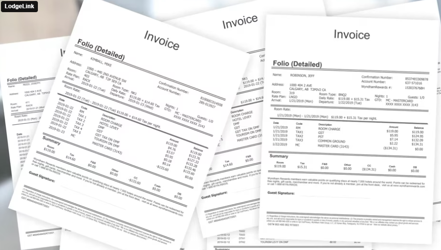 Stack of detailed invoices illustrating how LodgeLink consolidates billing for workforce travel.