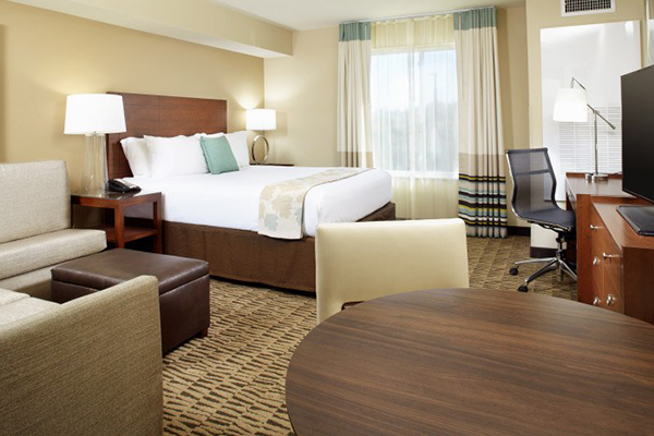 Bedroom view inside Hawthorn Suites St. Clairsville.