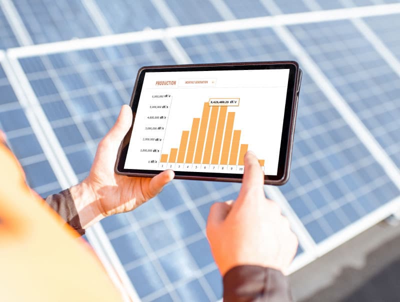 A tablet showcasing a graph of Canada's clean energy production in the mining industry. 
