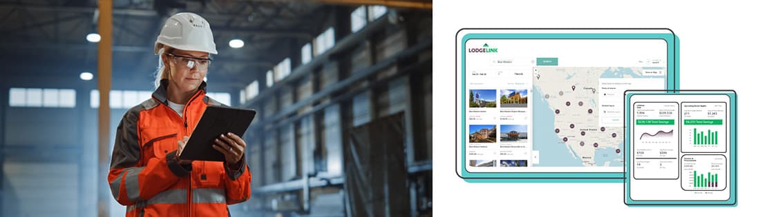 a woman in a hard hat is holding a tablet with a map of LodgeLinks serving locations.