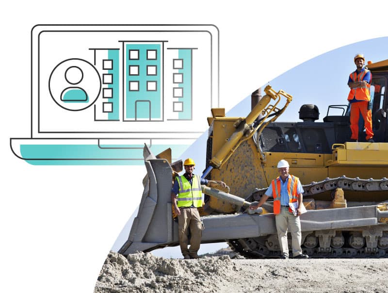 a picture of group of construction workers posing in front of  bulldozer with an infographic beside the picture showing a person and building representing LodgeLink logistics.
