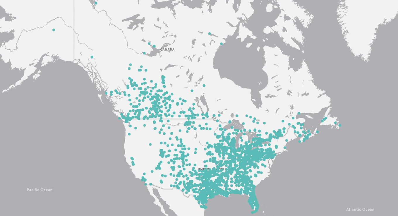 Dots covering areas in Canada and the USA.