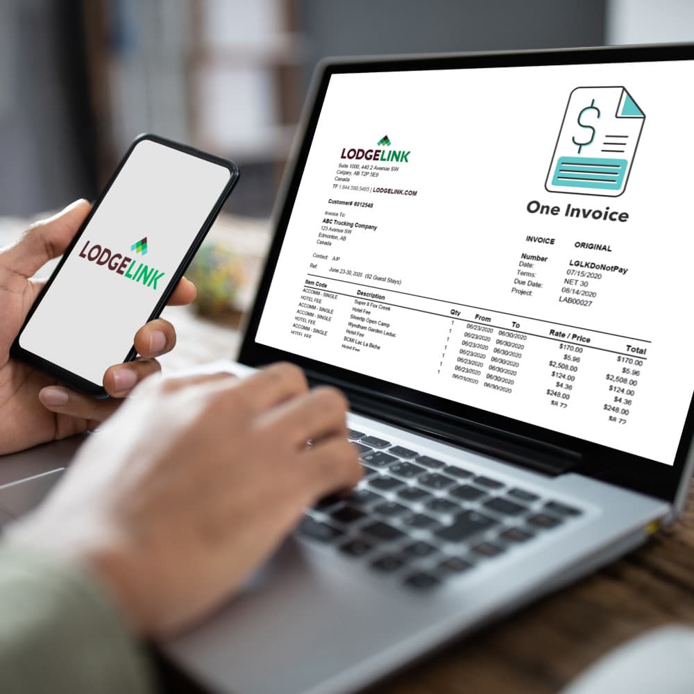 A workforce travel invoice showing up on a laptop with the logo of LodgeLink on a phone.