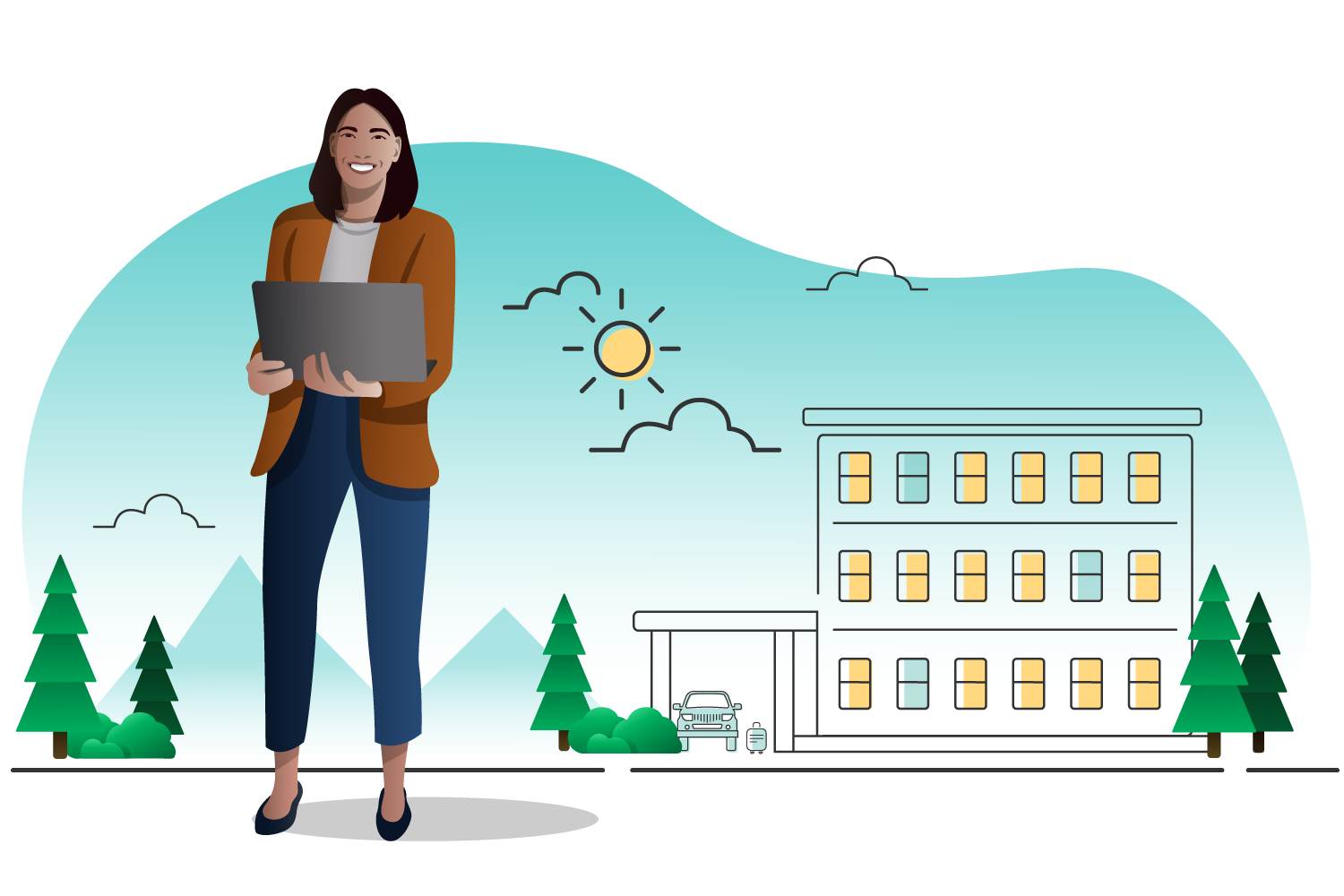 A hotel supplier manager standing in front of a building.