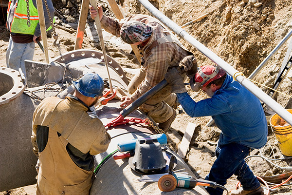 a group of construction workers working on a pipe.	