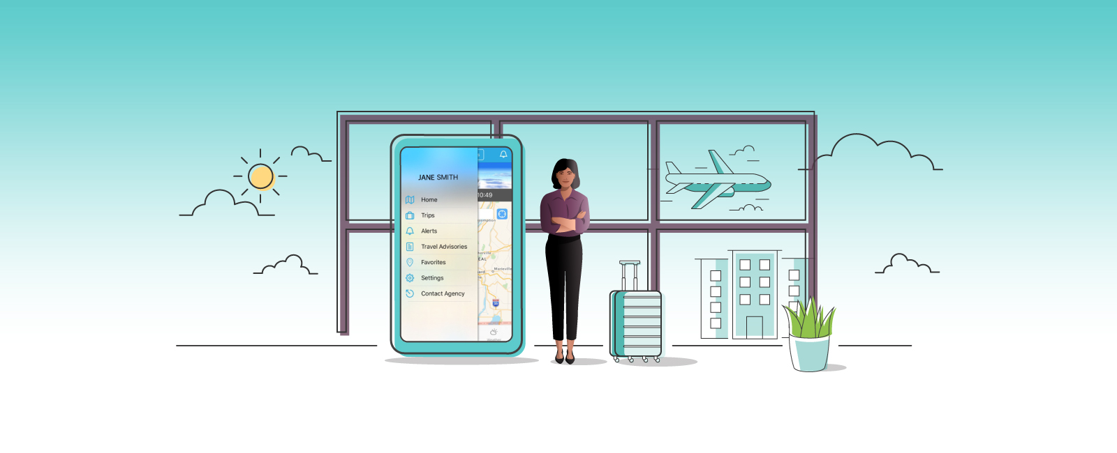 An infographic showing a woman is standing next to a phone with an airplane in the background.