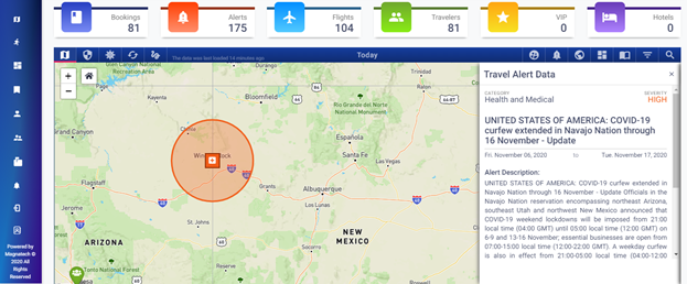 A traveller tracking map showing travel alert data with a COVID warning.