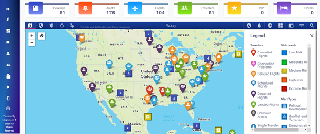 A traveller tracking map showing the United States and geolocation.
