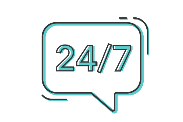 A text bubble showing 24/7.