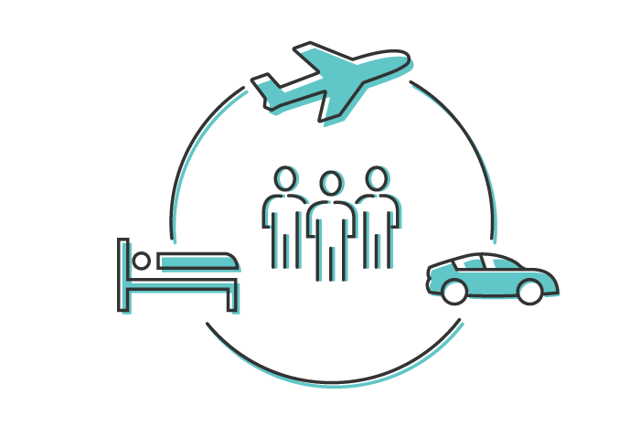 A diagram with people, a plane, and a bed representing workforce travel solutions