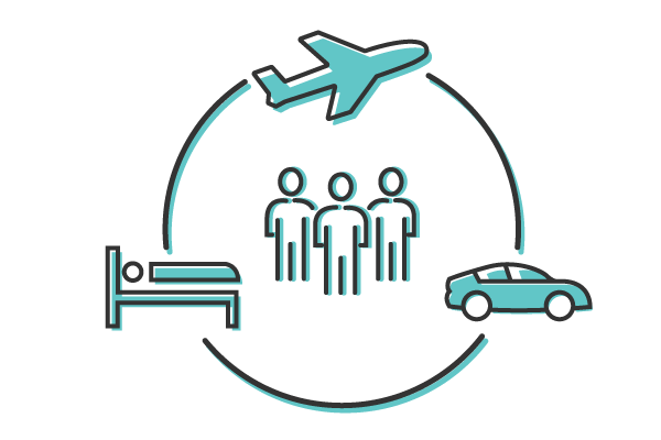 a diagram with people, a plane, and a bed representing workforce travel solutions.	