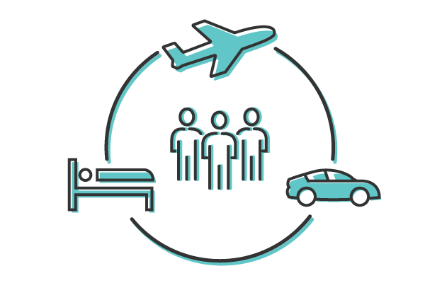 A diagram with people, a plane, and a bed representing workforce travel solutions