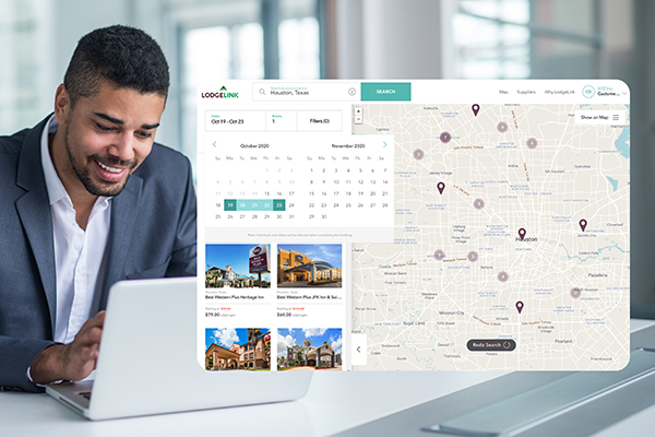 A man on his laptop looking at LodgeLink workforce travel solutions.