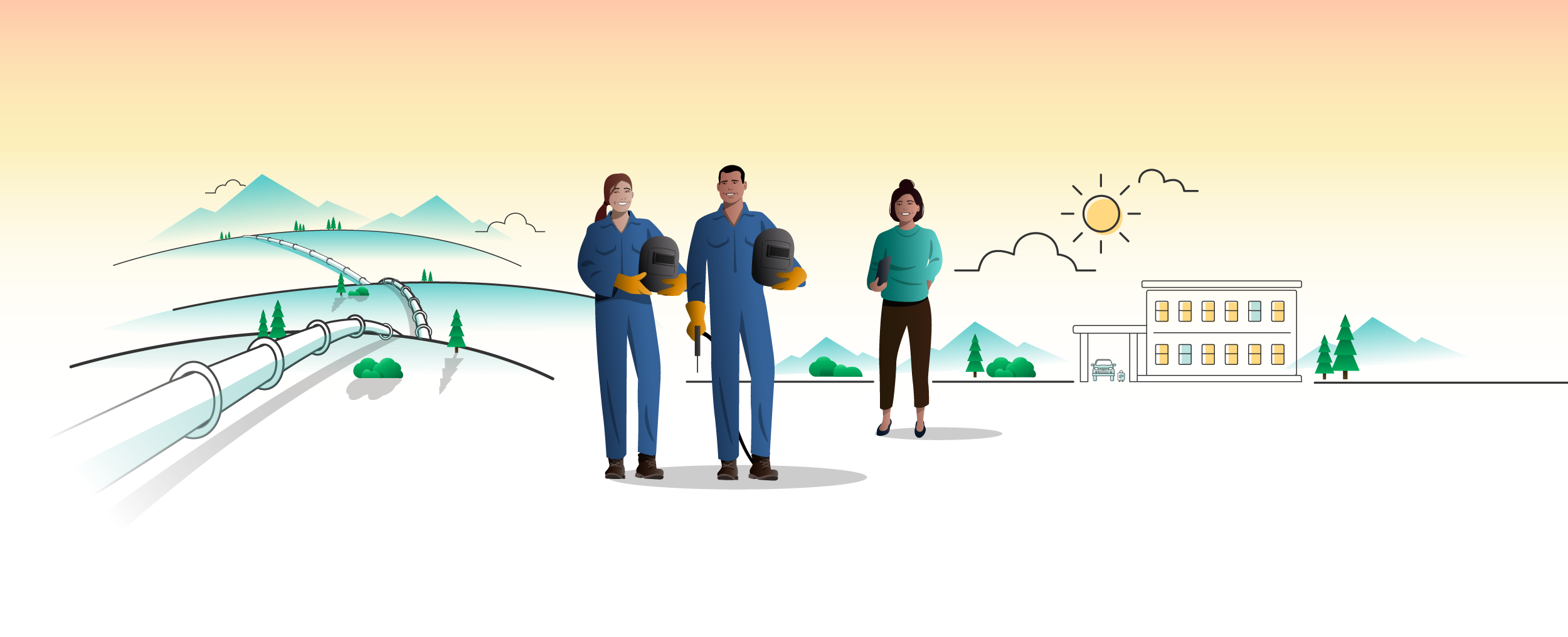 a cartoon illustration of a group of crew travellers standing in front of a building.	